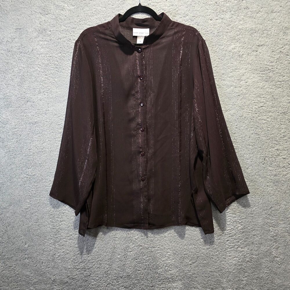 Susan Graver Sheer Blouse‎ Womens 1X Brown Metallic Button Down Sparkly Top
